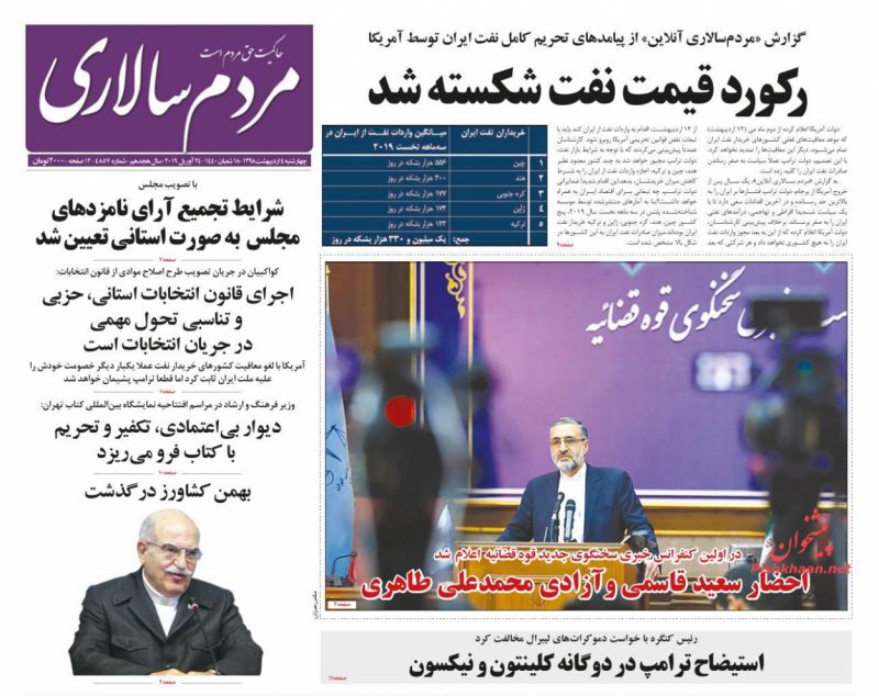 عناوین اخبار روزنامه مردم سالاری در روز چهارشنبه ۴ ارديبهشت