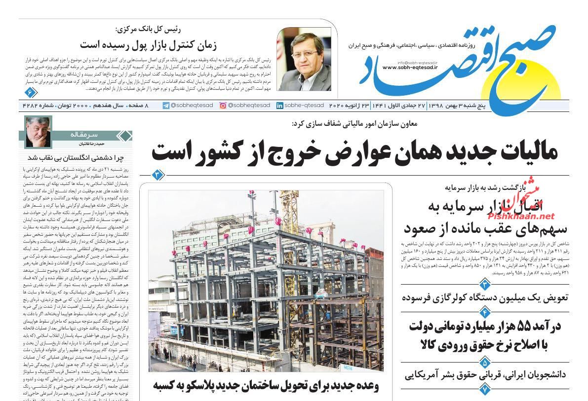 عناوین اخبار روزنامه صبح اقتصاد در روز پنجشنبه ۳ بهمن