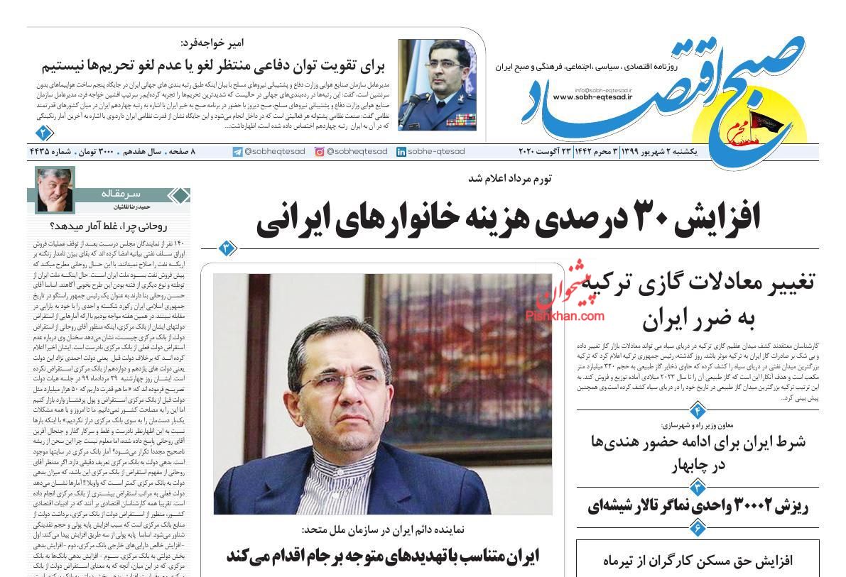 عناوین اخبار روزنامه صبح اقتصاد در روز یکشنبه‌ ۲ شهريور