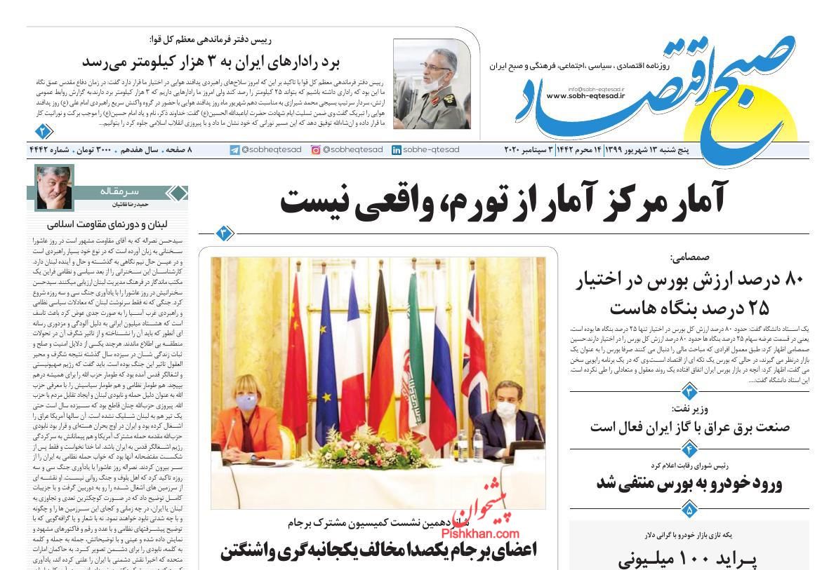 عناوین اخبار روزنامه صبح اقتصاد در روز پنجشنبه ۱۳ شهريور