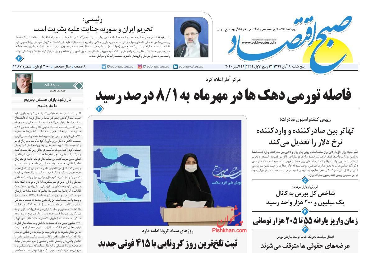 عناوین اخبار روزنامه صبح اقتصاد در روز پنجشنبه ۸ آبان