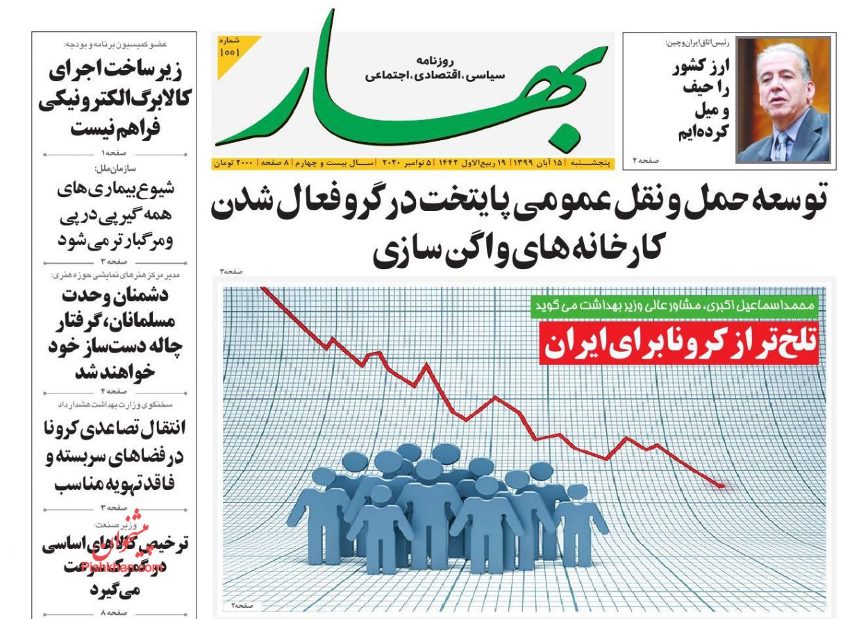 عناوین اخبار روزنامه بهار در روز پنجشنبه ۱۵ آبان