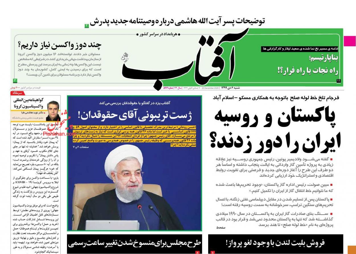عناوین اخبار روزنامه آفتاب یزد در روز شنبه ۶ دی