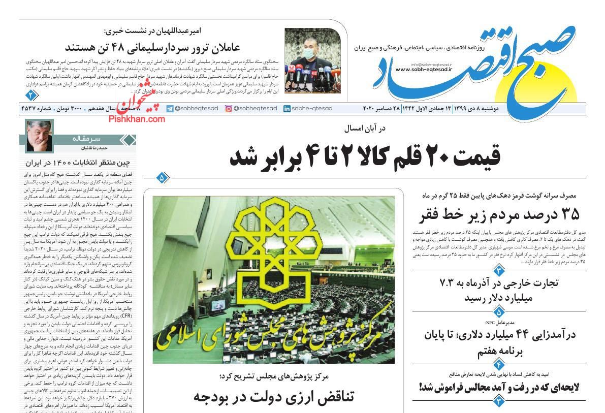 عناوین اخبار روزنامه صبح اقتصاد در روز دوشنبه ۸ دی