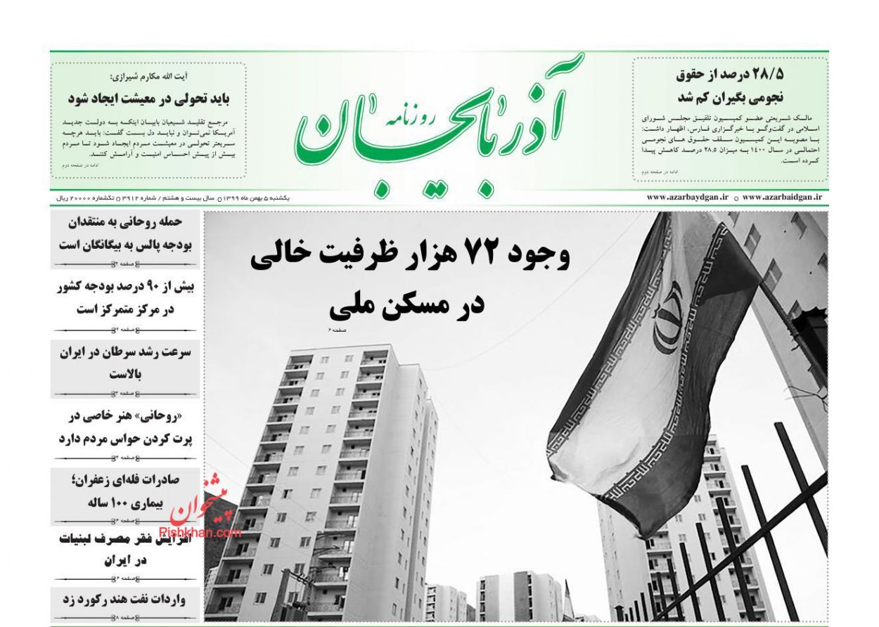 عناوین اخبار روزنامه آذربایجان در روز یکشنبه‌ ۵ بهمن