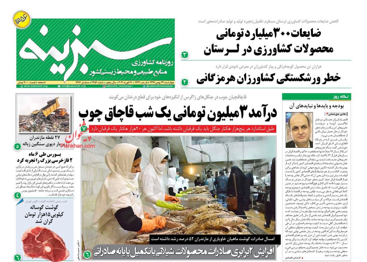 عناوین اخبار روزنامه سبزینه در روز چهارشنبه ۲۹ بهمن