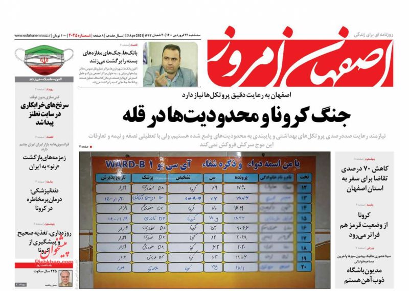عناوین اخبار روزنامه اصفهان امروز در روز سه‌شنبه ۲۴ فروردين