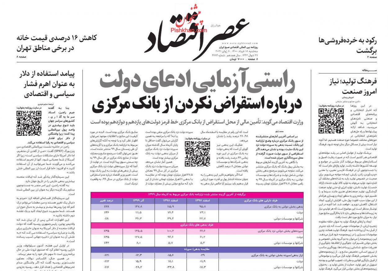 عناوین اخبار روزنامه عصر اقتصاد در روز سه‌شنبه ۱۸ خرداد