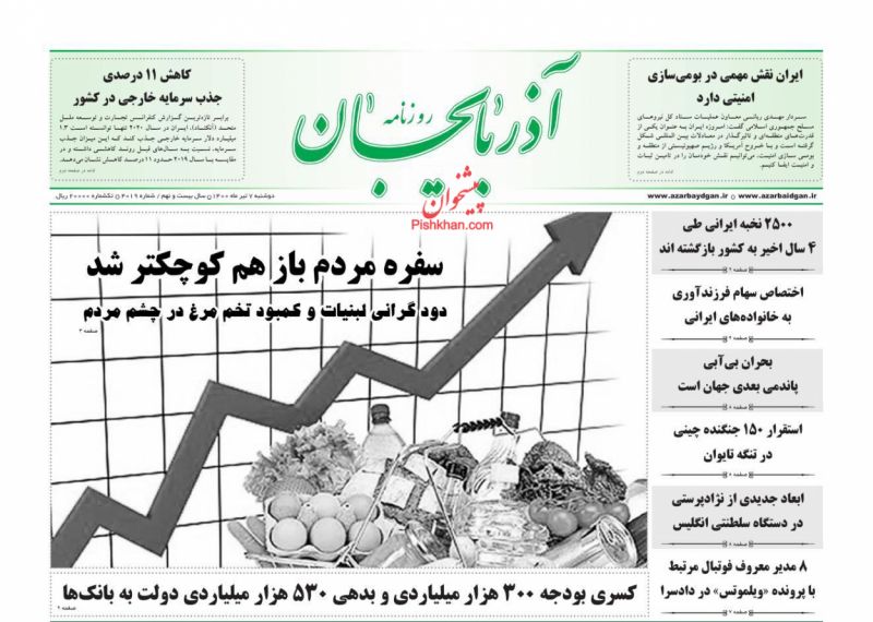 عناوین اخبار روزنامه آذربایجان در روز دوشنبه ۷ تیر