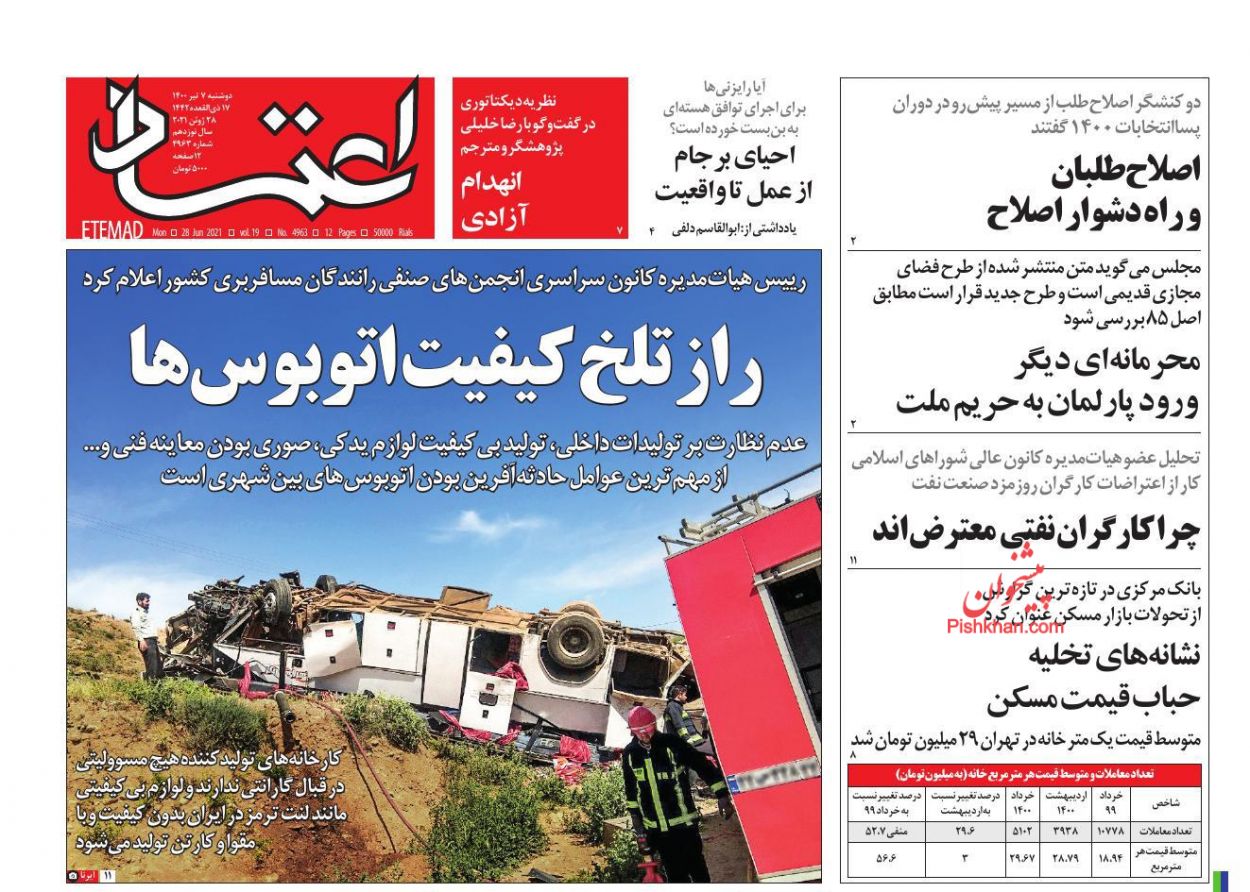 عناوین اخبار روزنامه اعتماد در روز دوشنبه ۷ تیر