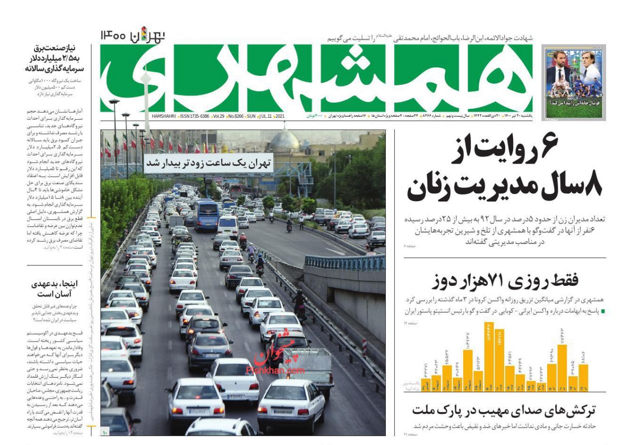 عناوین اخبار روزنامه همشهری در روز یکشنبه‌ ۲۰ تیر