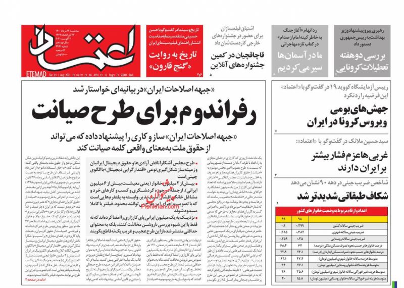 عناوین اخبار روزنامه اعتماد در روز سه‌شنبه ۱۲ مرداد