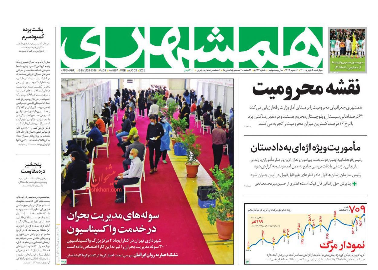 عناوین اخبار روزنامه همشهری در روز چهارشنبه ۳ شهريور