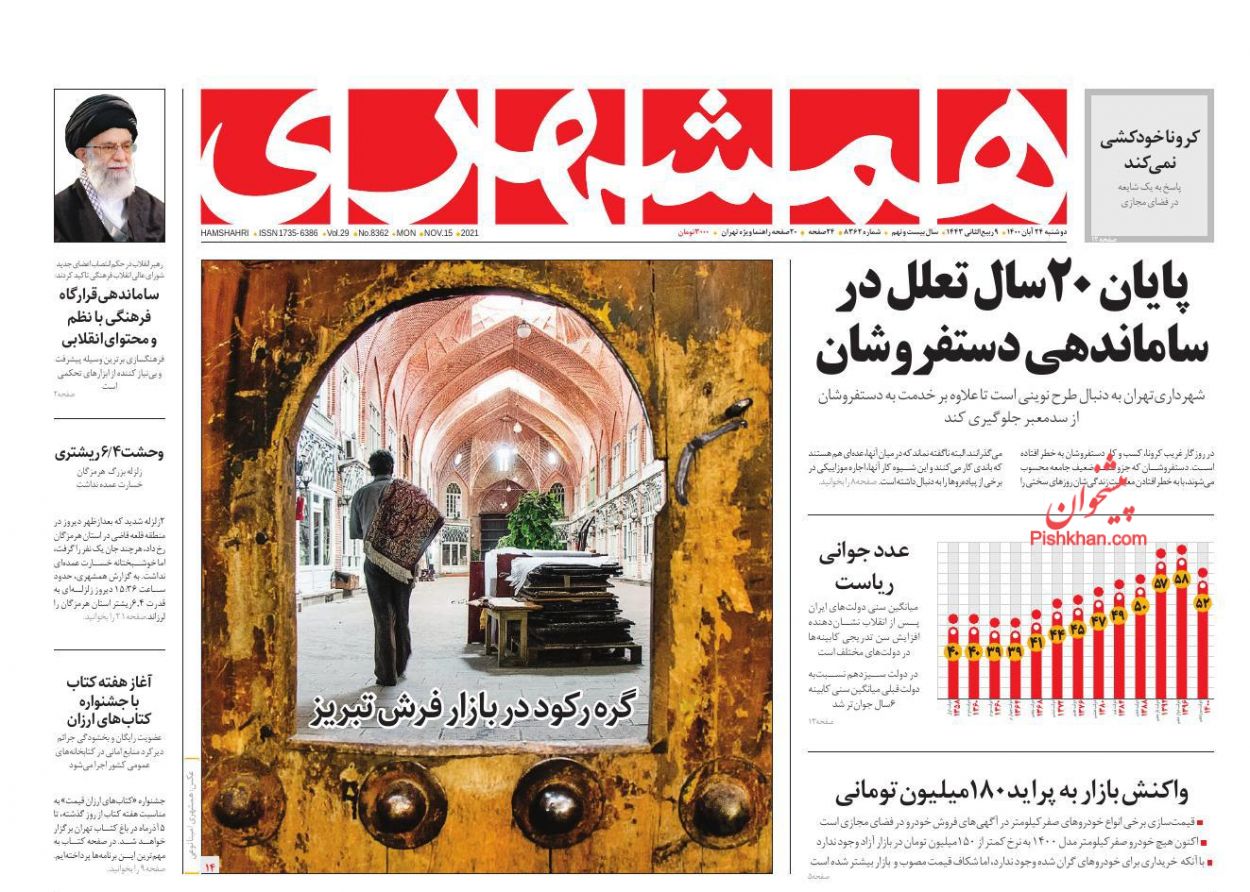 عناوین اخبار روزنامه همشهری در روز دوشنبه ۲۴ آبان