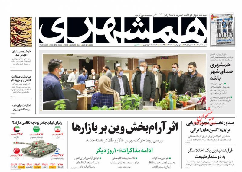 عناوین اخبار روزنامه همشهری در روز شنبه ۲۷ آذر