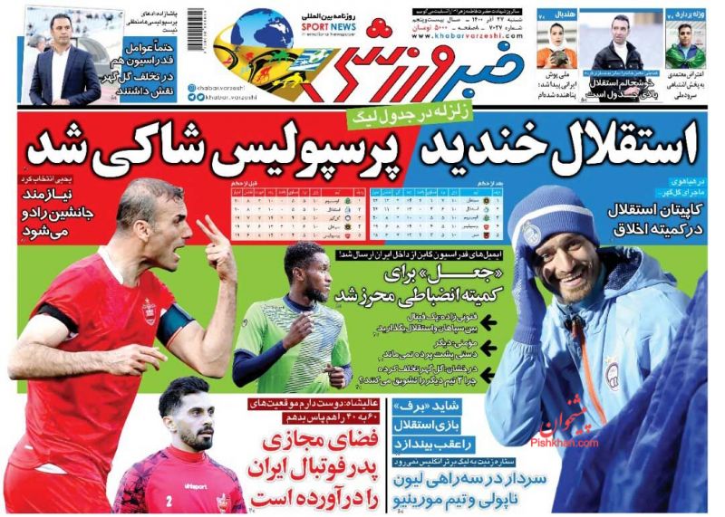 عناوین اخبار روزنامه خبر ورزشی در روز شنبه ۲۷ آذر