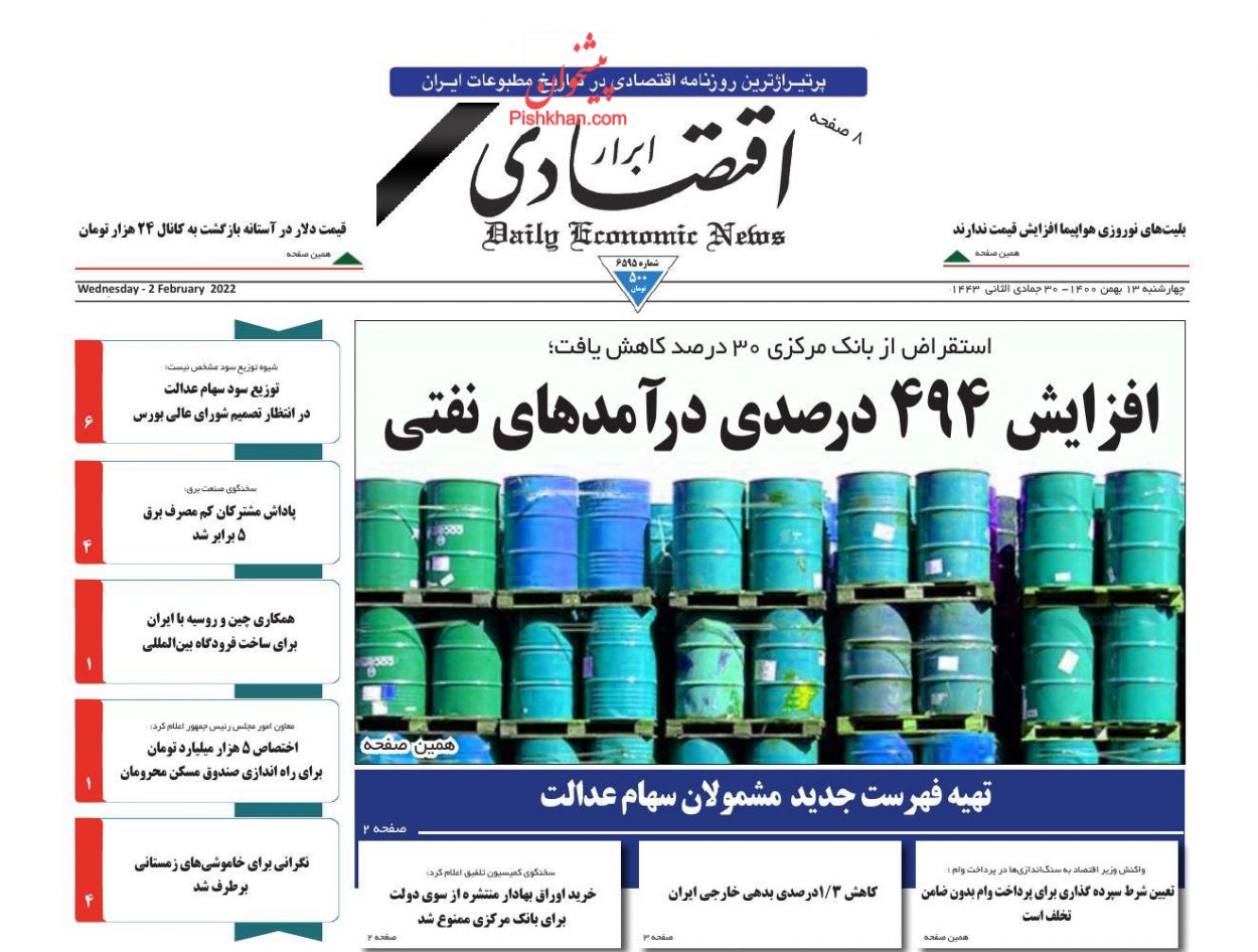 عناوین اخبار روزنامه ابرار اقتصادی در روز چهارشنبه ۱۳ بهمن