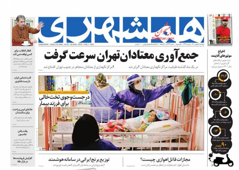 عناوین اخبار روزنامه همشهری در روز دوشنبه ۱۸ بهمن