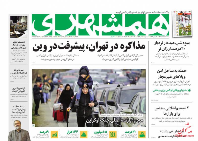 عناوین اخبار روزنامه همشهری در روز یکشنبه‌ ۱۵ اسفند
