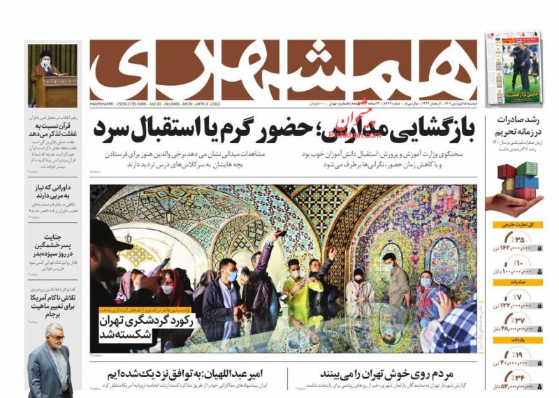 عناوین اخبار روزنامه همشهری در روز دوشنبه ۱۵ فروردين