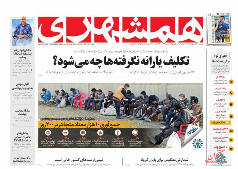 عناوین اخبار روزنامه همشهری در روز چهارشنبه ۲۱ ارديبهشت