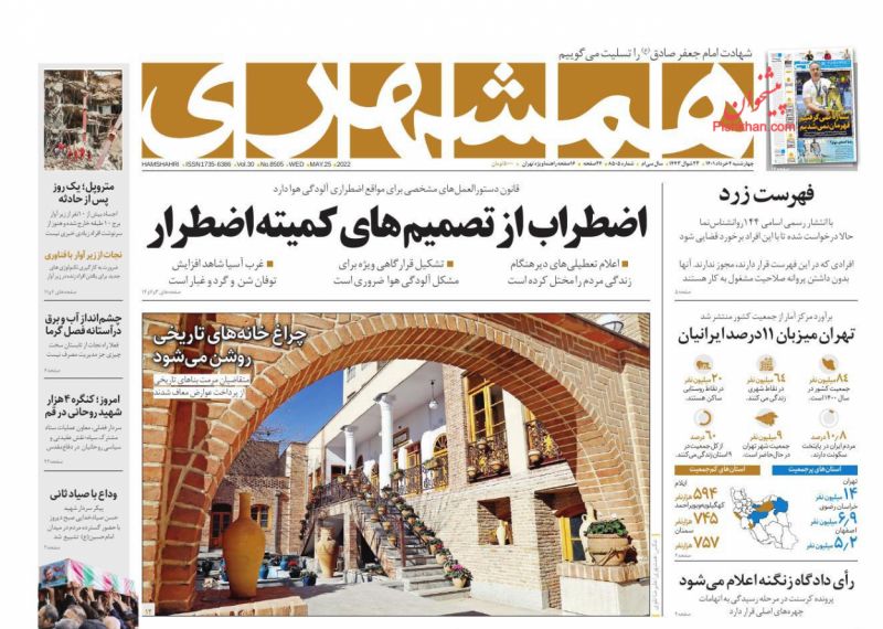 عناوین اخبار روزنامه همشهری در روز چهارشنبه ۴ خرداد