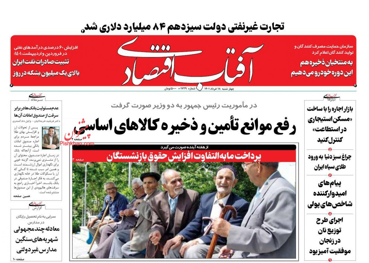 عناوین اخبار روزنامه آفتاب اقتصادی در روز چهارشنبه ۱۸ خرداد