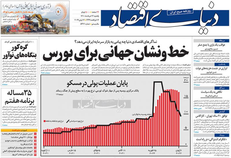 عناوین اخبار روزنامه دنیای اقتصاد در روز یکشنبه‌ ۲۲ خرداد