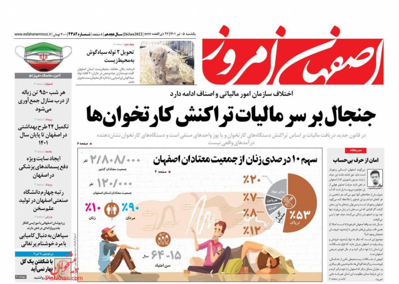 عناوین اخبار روزنامه اصفهان امروز در روز یکشنبه‌ ۵ تیر
