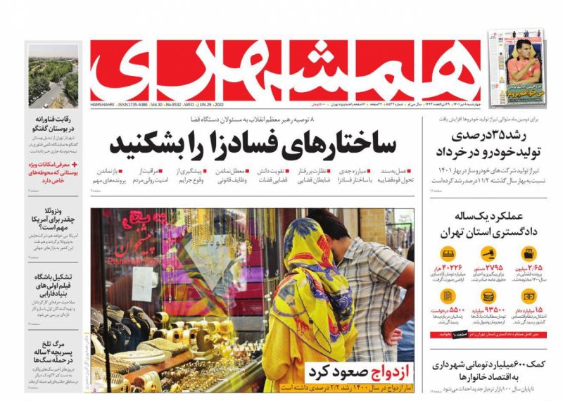 عناوین اخبار روزنامه همشهری در روز چهارشنبه ۸ تیر