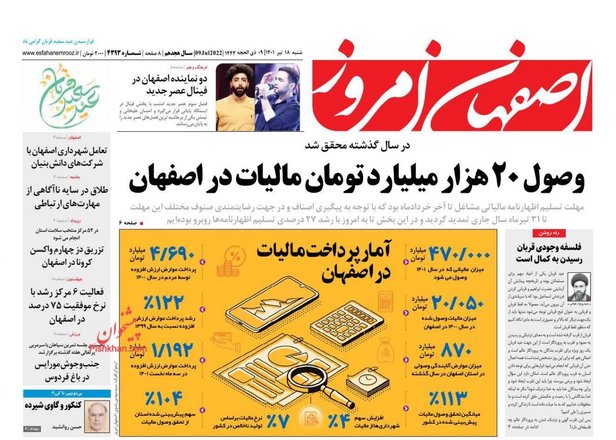 عناوین اخبار روزنامه اصفهان امروز در روز شنبه ۱۸ تیر