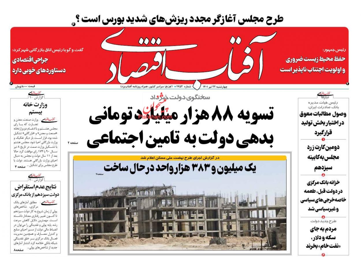 عناوین اخبار روزنامه آفتاب اقتصادی در روز چهارشنبه ۲۲ تیر