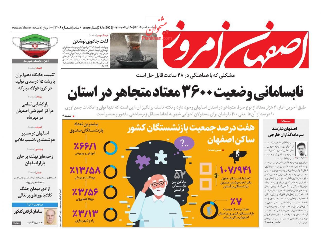 عناوین اخبار روزنامه اصفهان امروز در روز پنجشنبه ۶ مرداد