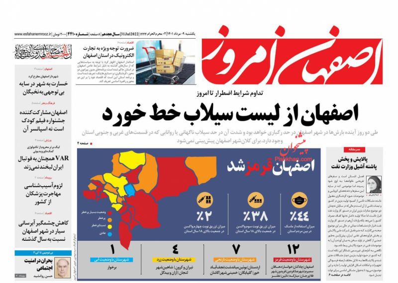 عناوین اخبار روزنامه اصفهان امروز در روز یکشنبه‌ ۹ مرداد