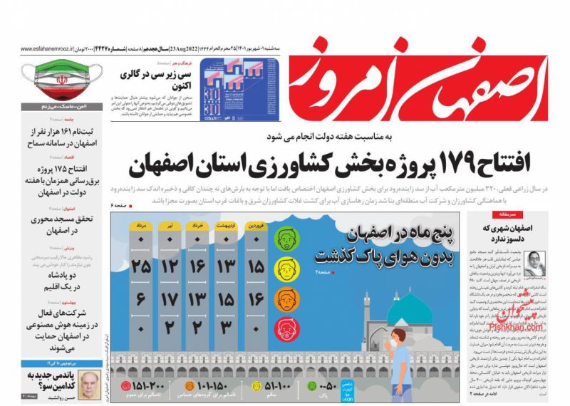 عناوین اخبار روزنامه اصفهان امروز در روز سه‌شنبه ۱ شهريور