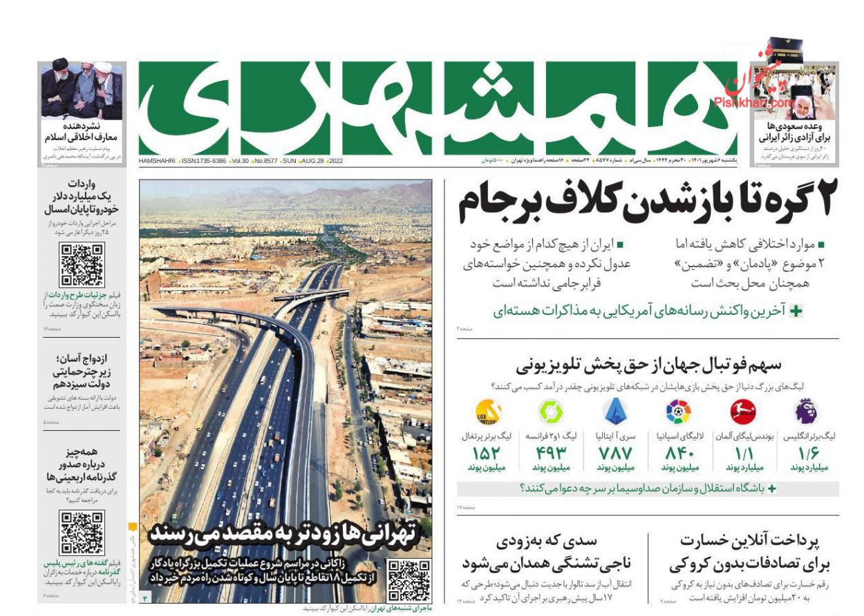 عناوین اخبار روزنامه همشهری در روز یکشنبه‌ ۶ شهريور