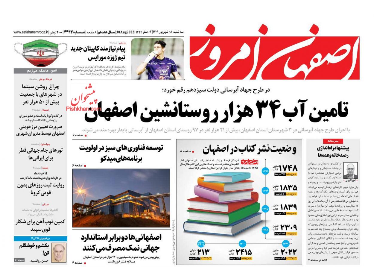 عناوین اخبار روزنامه اصفهان امروز در روز سه‌شنبه ۸ شهريور