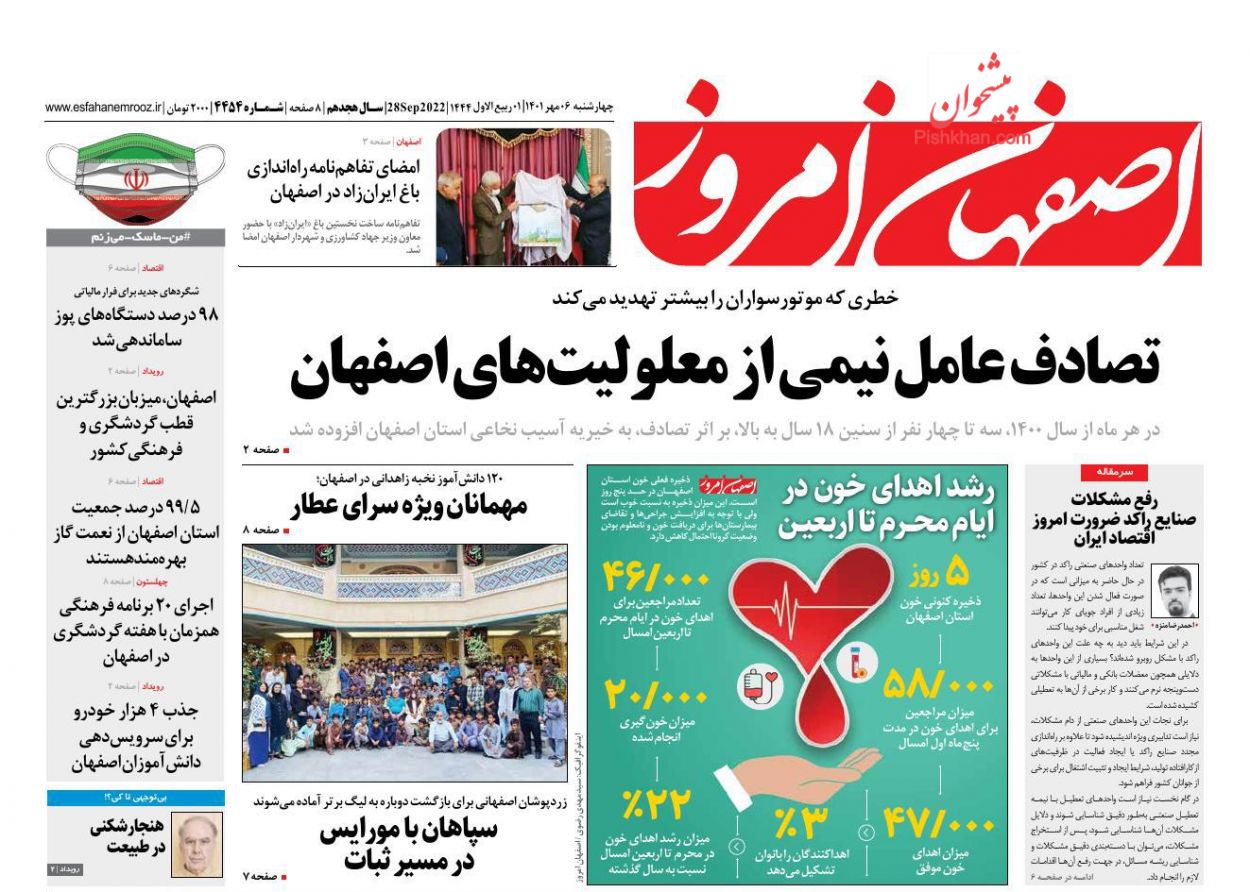 عناوین اخبار روزنامه اصفهان امروز در روز چهارشنبه ۶ مهر