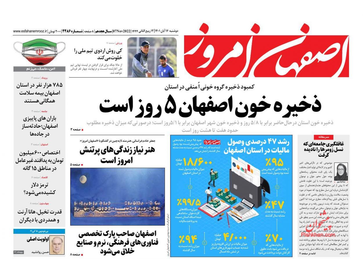 عناوین اخبار روزنامه اصفهان امروز در روز دوشنبه ۱۶ آبان
