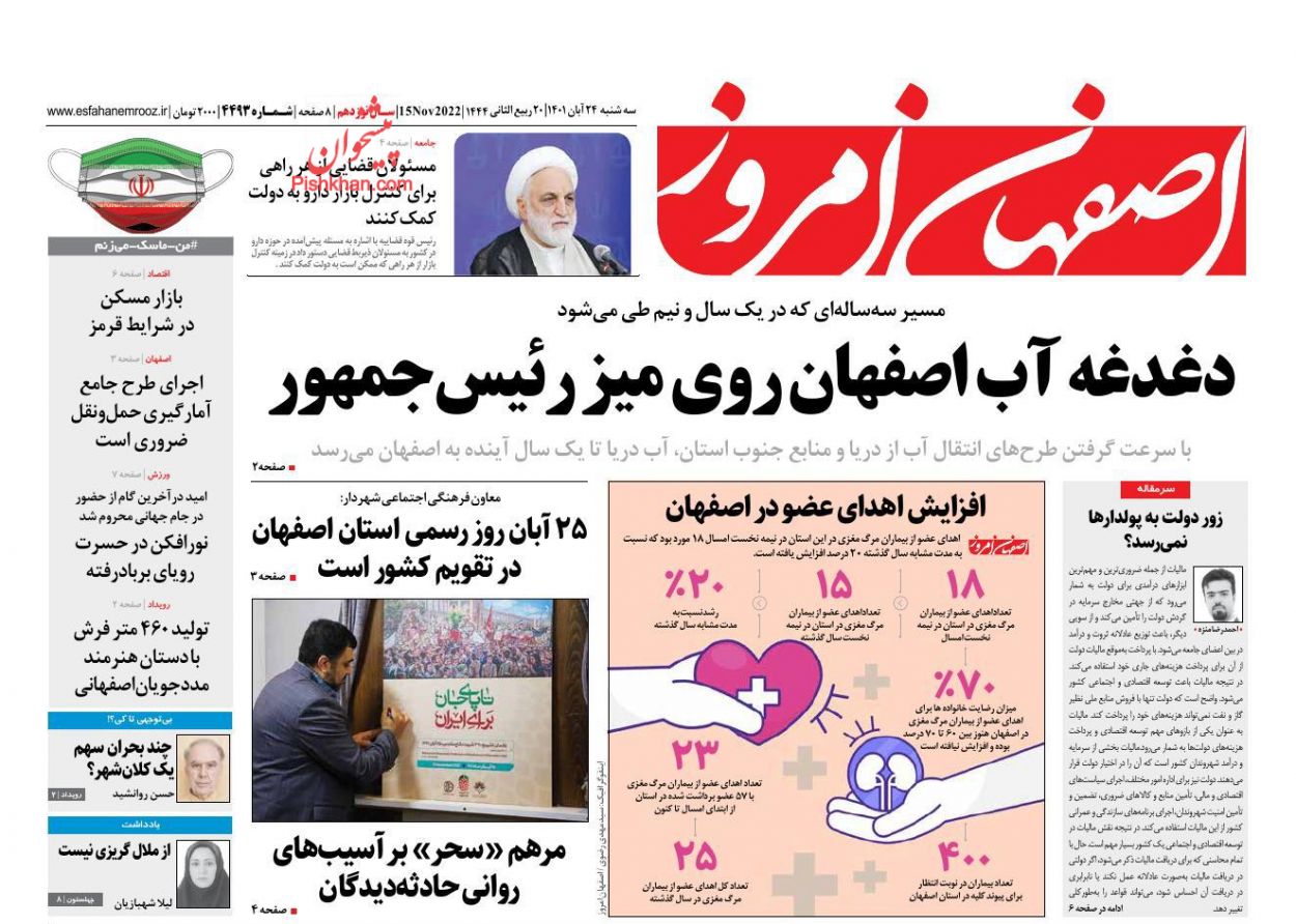 عناوین اخبار روزنامه اصفهان امروز در روز سه‌شنبه ۲۴ آبان