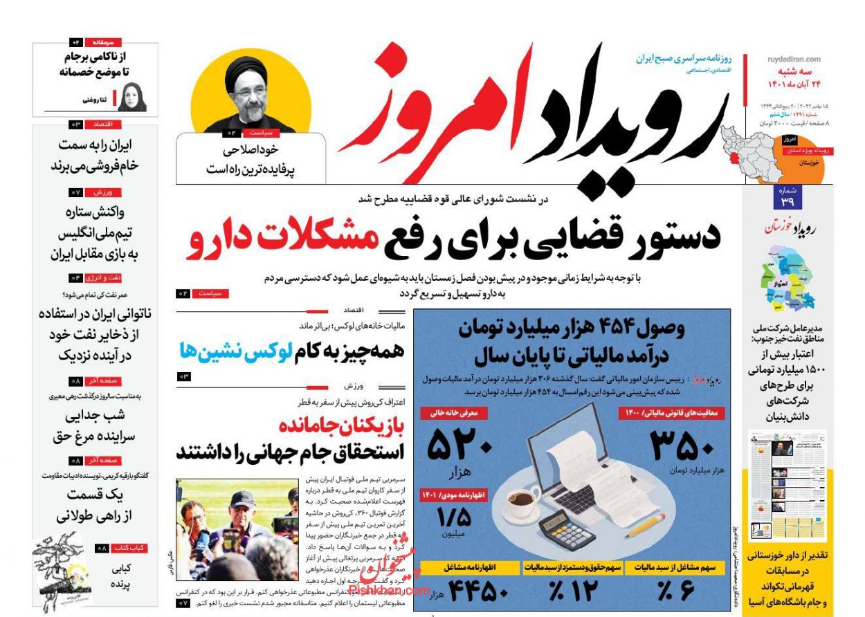 عناوین اخبار روزنامه رویداد امروز در روز سه‌شنبه ۲۴ آبان