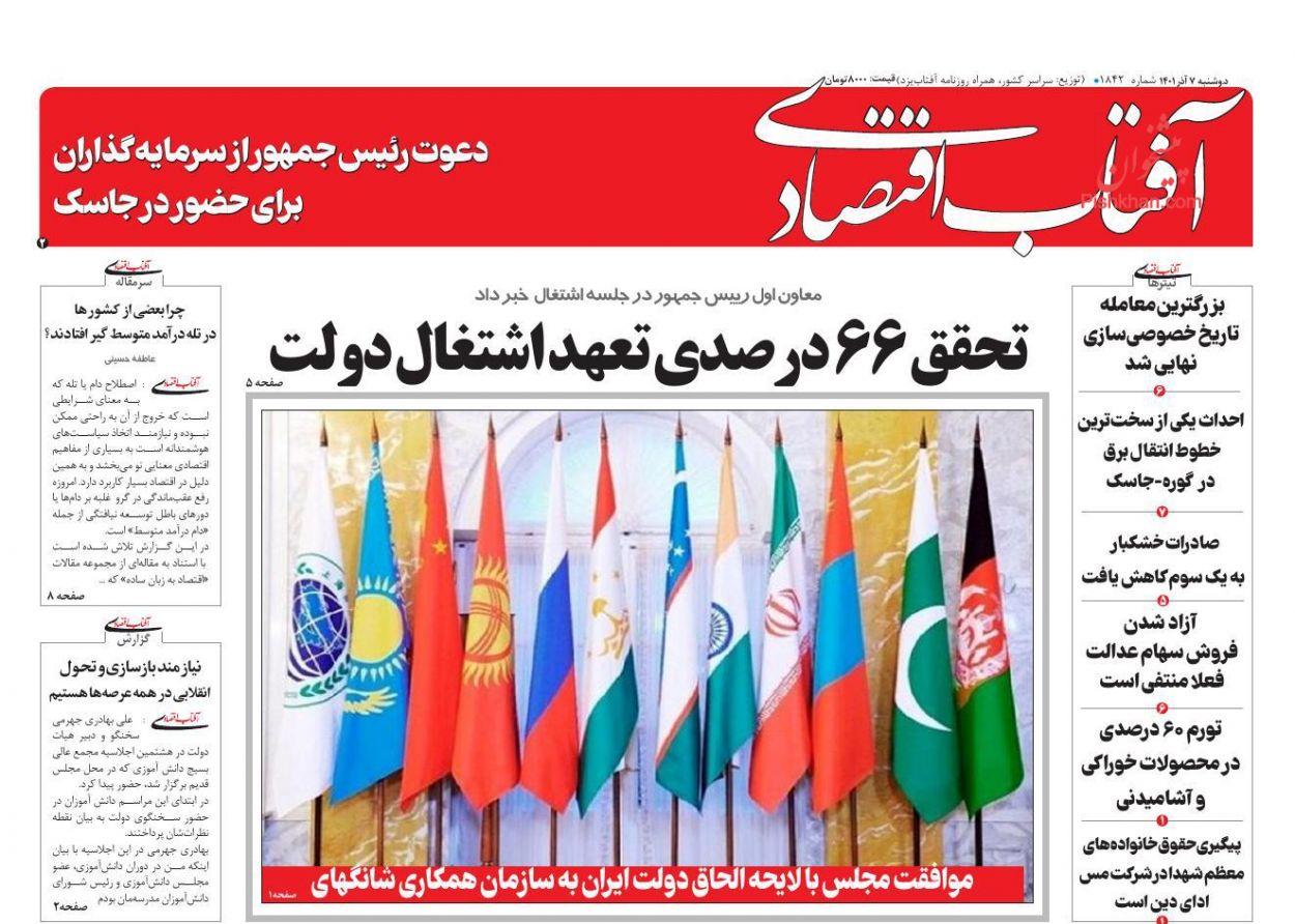 عناوین اخبار روزنامه آفتاب اقتصادی در روز دوشنبه ۷ آذر