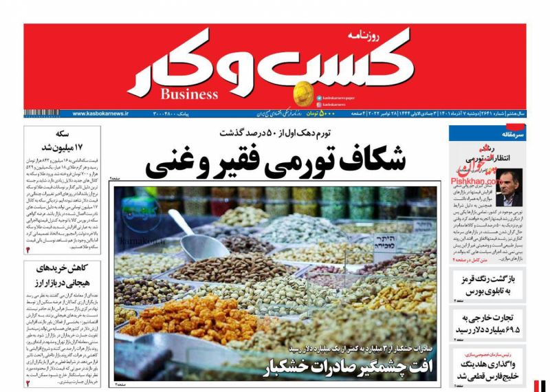 عناوین اخبار روزنامه كسب و كار در روز دوشنبه ۷ آذر