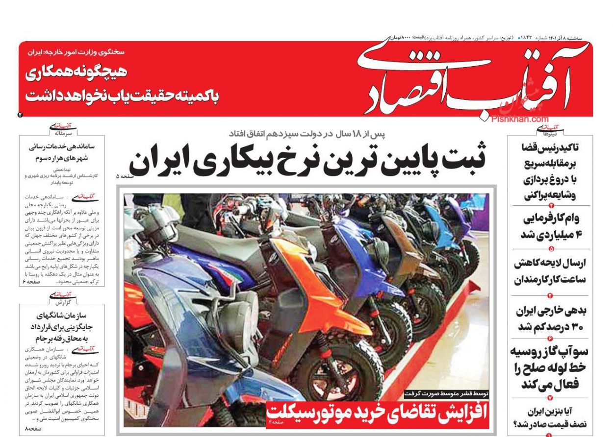 عناوین اخبار روزنامه آفتاب اقتصادی در روز سه‌شنبه ۸ آذر