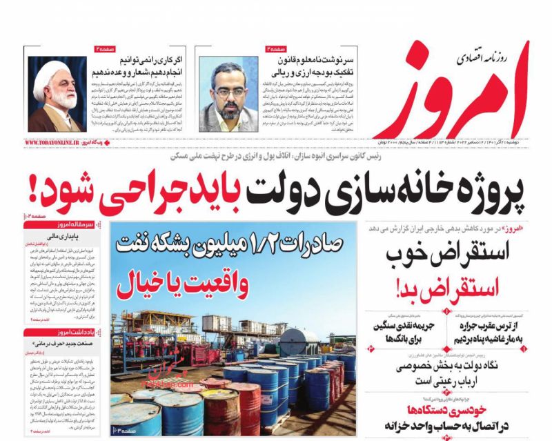 عناوین اخبار روزنامه امروز در روز دوشنبه ۲۱ آذر