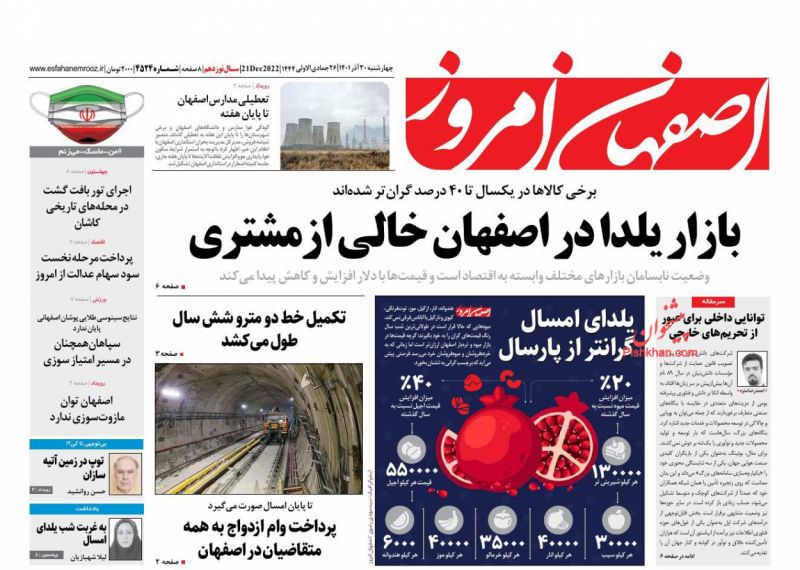عناوین اخبار روزنامه اصفهان امروز در روز چهارشنبه ۳۰ آذر