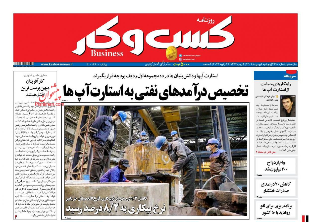 عناوین اخبار روزنامه كسب و كار در روز پنجشنبه ۶ بهمن