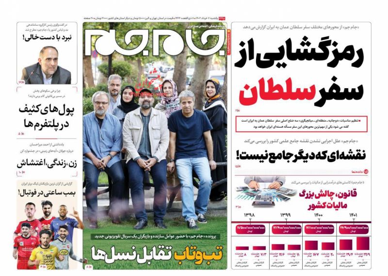 عناوین اخبار روزنامه جام جم در روز یکشنبه‌ ۷ خرداد