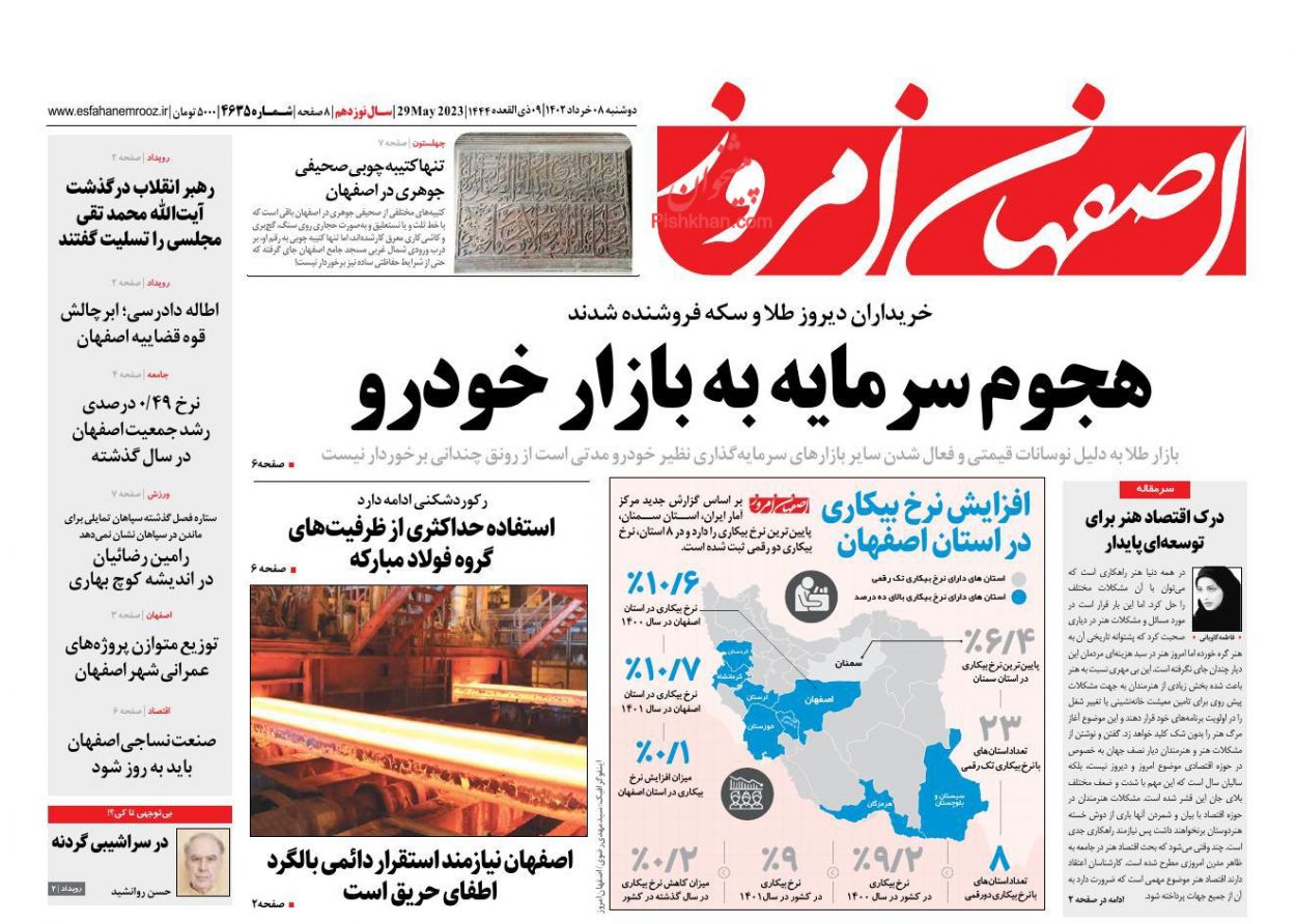 عناوین اخبار روزنامه اصفهان امروز در روز دوشنبه ۸ خرداد