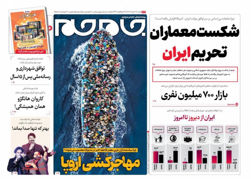 عناوین اخبار روزنامه جام جم در روز شنبه ۲۷ خرداد